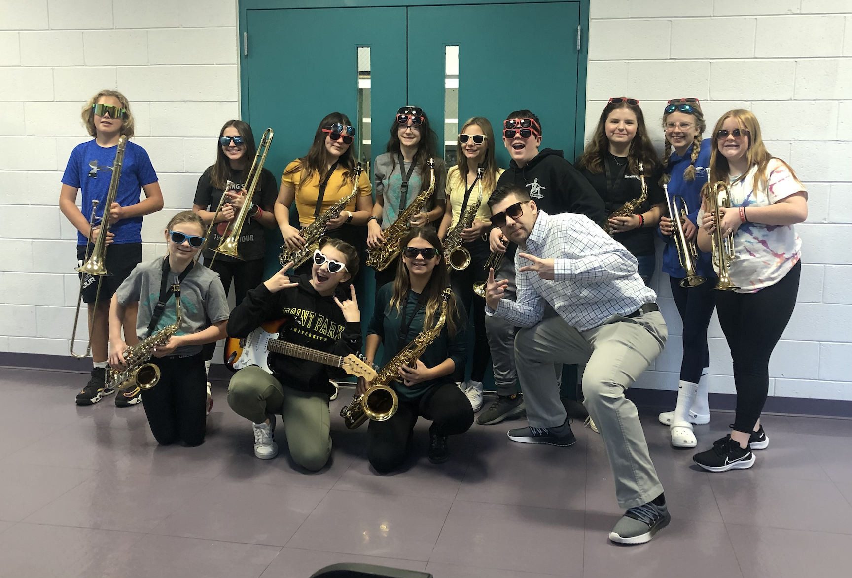 Mr. Pyles and his 7th-grade band students “Shade out drugs” at Penn Middle School