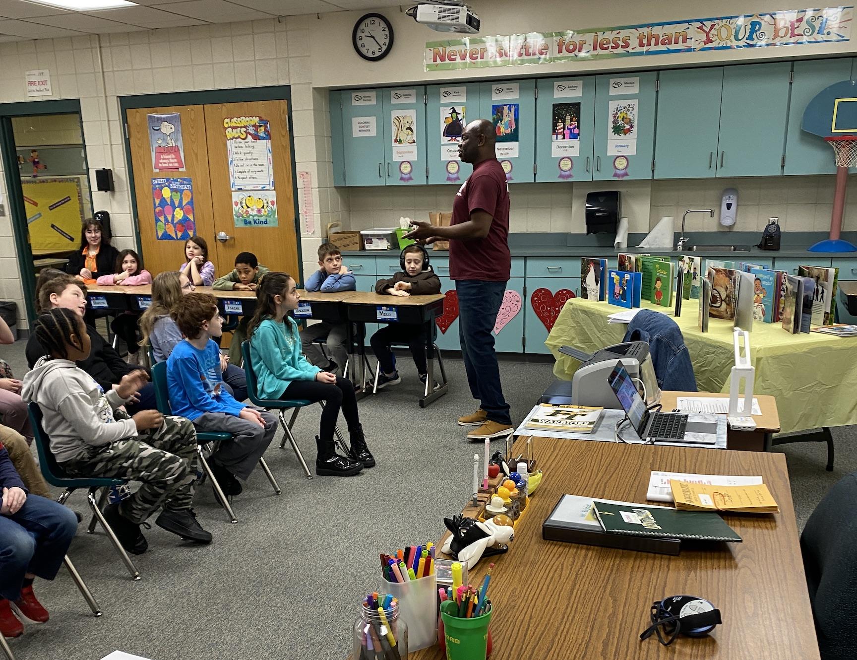 Mr. Stokes speaks to Trafford Elementary students